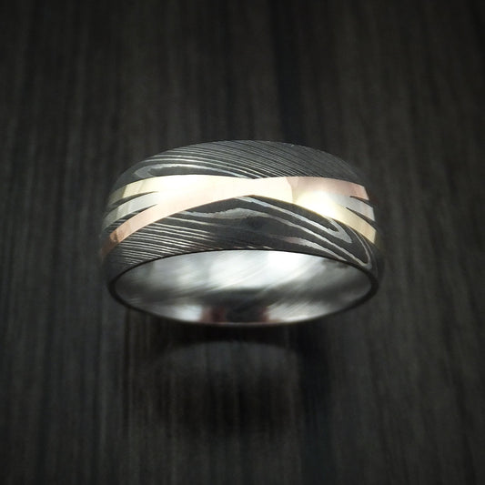Equinox XI - Damascus Steel Men's Ring with Diagonal 14K Gold Inlays Wedding Ring - view 2 - Nura Lab