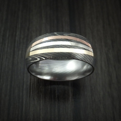 Equinox XI - Damascus Steel Men's Ring with Diagonal 14K Gold Inlays Wedding Ring - view 3 - Nura Lab