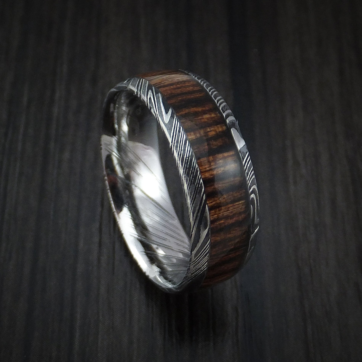 Pioneer X - Woodgrain Kuro Damascus Steel Men's Wedding Ring with Hardwood Inlay Band - Nura Lab