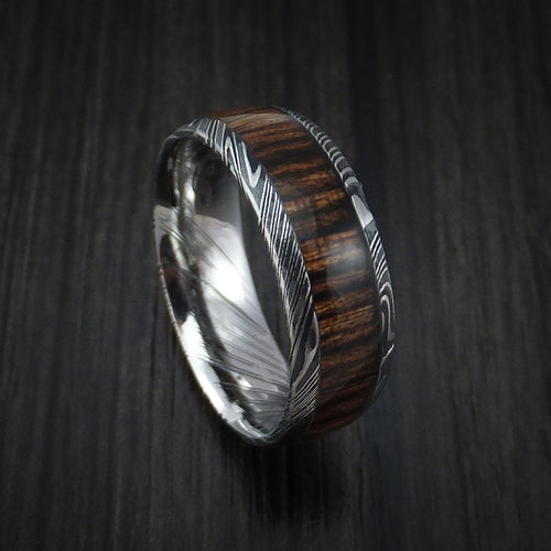Pioneer X - Woodgrain Kuro Damascus Steel Men's Wedding Ring with Hardwood Inlay Band - Nura Lab