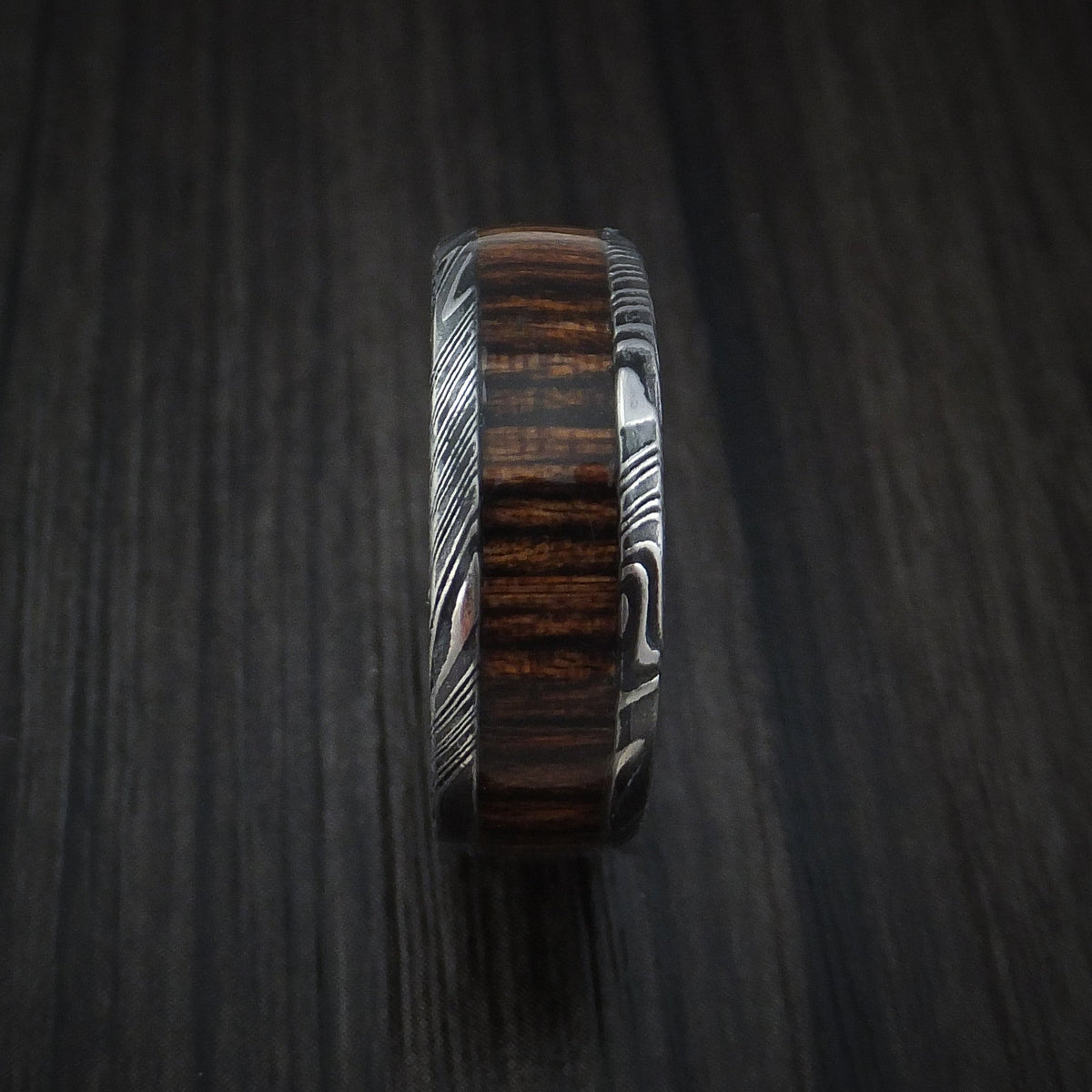 Pioneer X - Woodgrain Kuro Damascus Steel Men's Wedding Ring with Hardwood Inlay Band - view 3 - Nura Lab