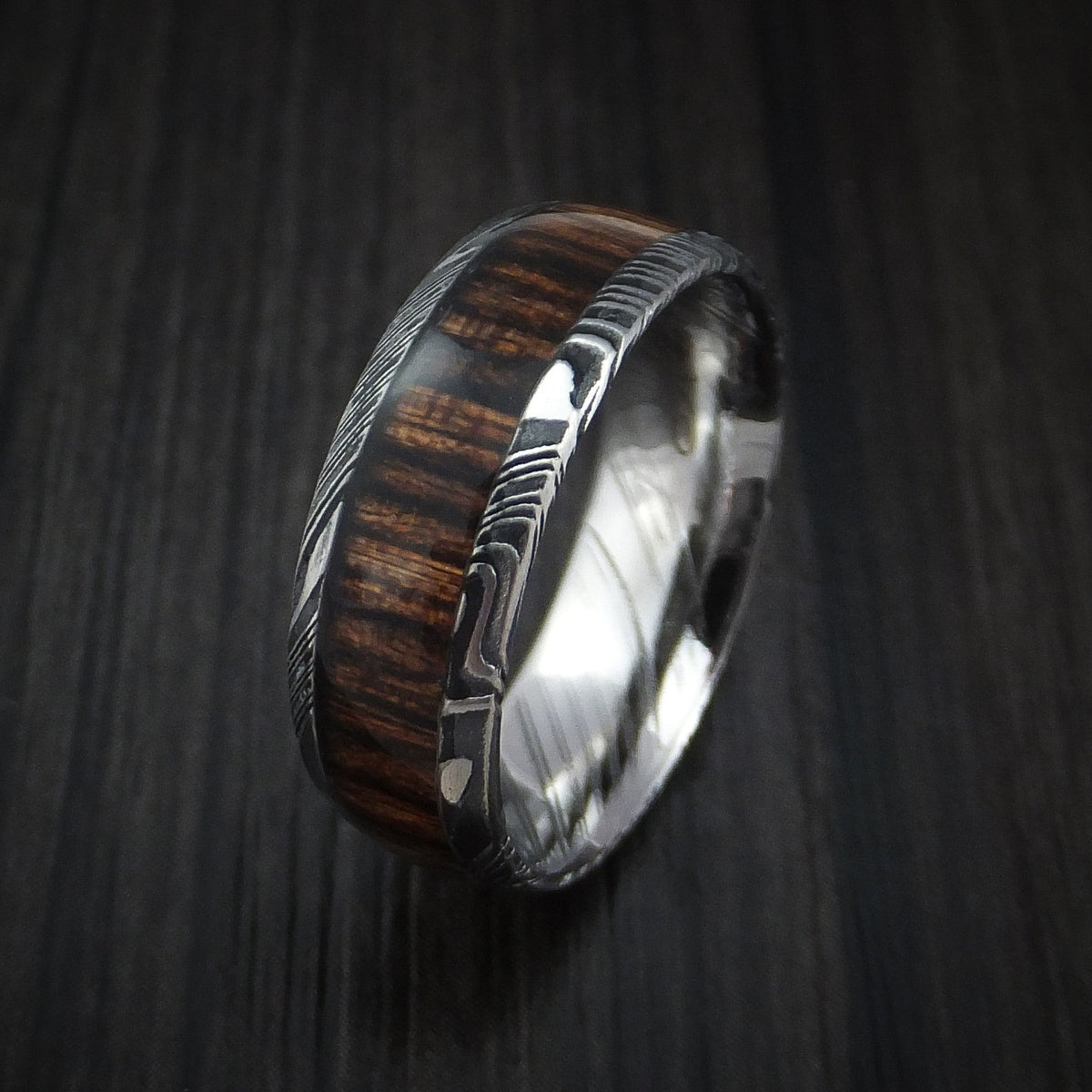 Pioneer X - Woodgrain Kuro Damascus Steel Men's Wedding Ring with Hardwood Inlay Band - view 4 - Nura Lab