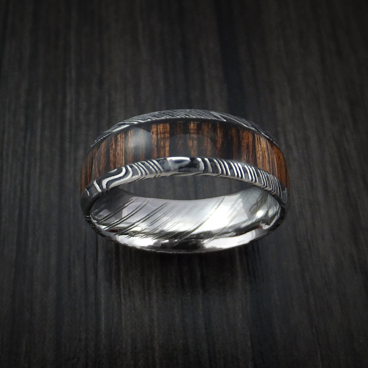 Pioneer X - Woodgrain Kuro Damascus Steel Men's Wedding Ring with Hardwood Inlay Band - view 2 - Nura Lab