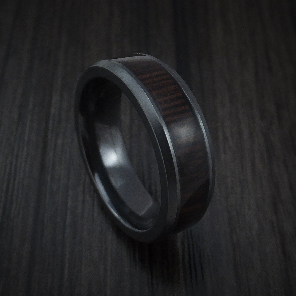Kauri XII - Black Zirconium Men's Wedding Ring Inlaid with Wenge Wood - Nura Lab