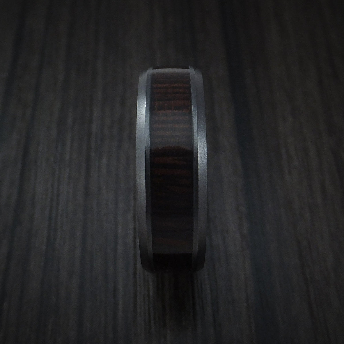 Kauri XII - Black Zirconium Men's Wedding Ring Inlaid with Wenge Wood - view 3 - Nura Lab
