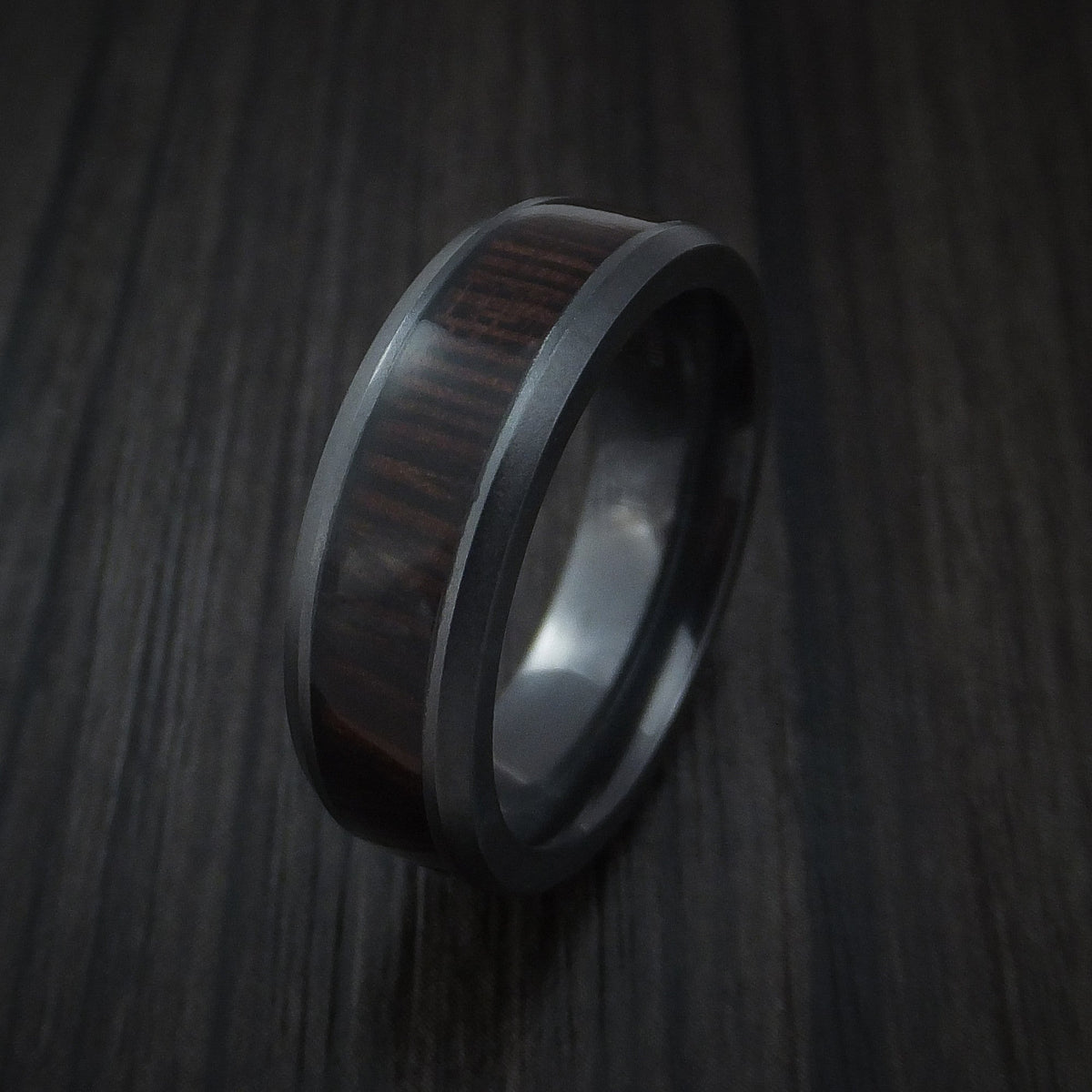 Kauri XII - Black Zirconium Men's Wedding Ring Inlaid with Wenge Wood - view 4 - Nura Lab