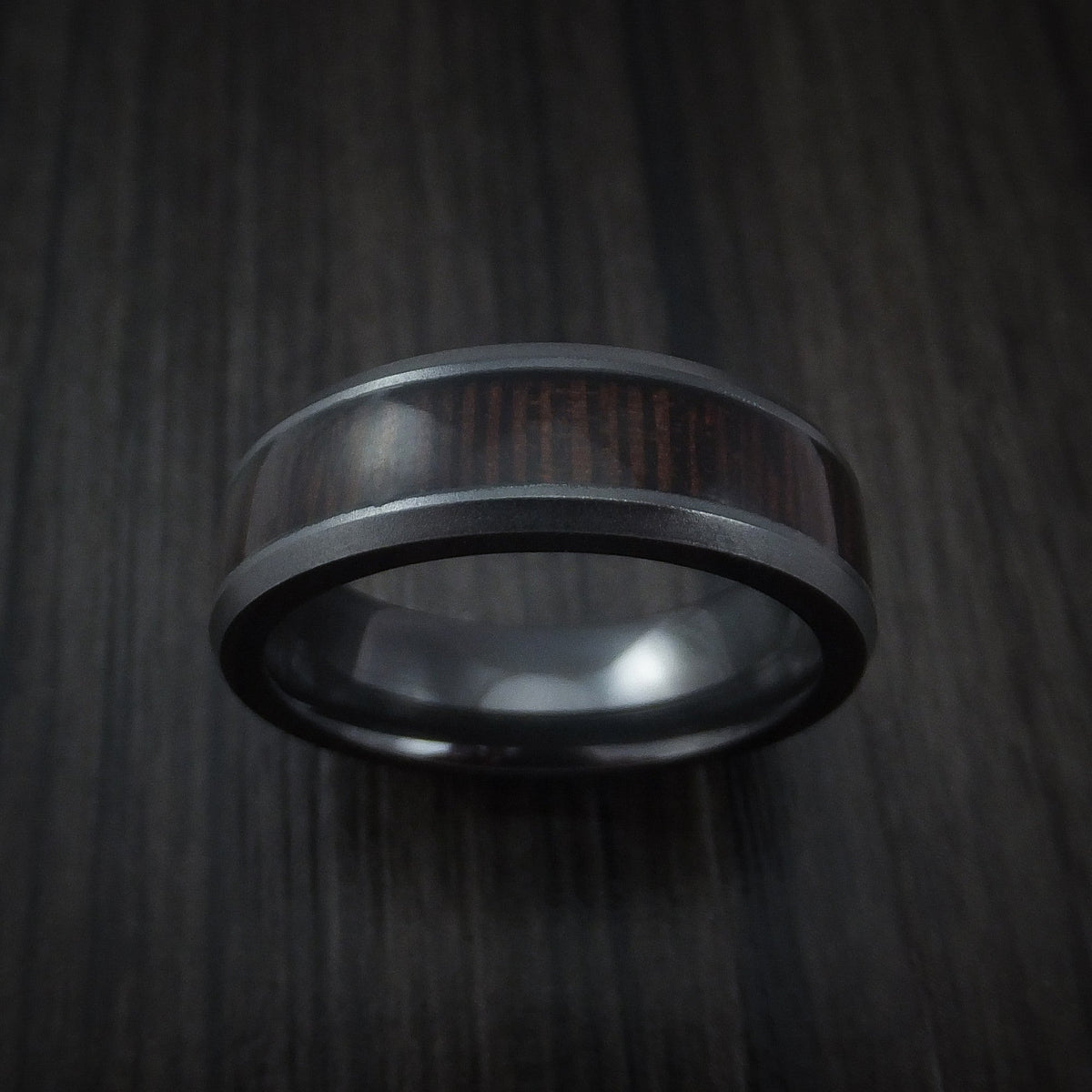 Kauri XII - Black Zirconium Men's Wedding Ring Inlaid with Wenge Wood - view 2 - Nura Lab