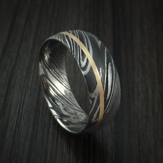 Voyager X - Woodgrain Kuro Damascus Steel Men's Ring and 14k Yellow Gold Wedding Ring Genuine Craftsmanship - Nura Lab