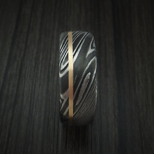 Voyager X - Woodgrain Kuro Damascus Steel Men's Ring and 14k Yellow Gold Wedding Ring Genuine Craftsmanship - view 3 - Nura Lab