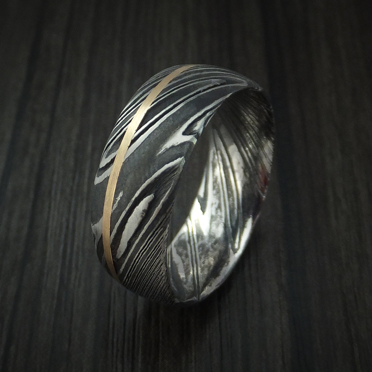 Voyager X - Woodgrain Kuro Damascus Steel Men's Ring and 14k Yellow Gold Wedding Ring Genuine Craftsmanship - view 4 - Nura Lab