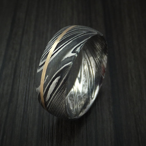 Voyager X - Woodgrain Kuro Damascus Steel Men's Ring and 14k Yellow Gold Wedding Ring Genuine Craftsmanship - view 4 - Nura Lab