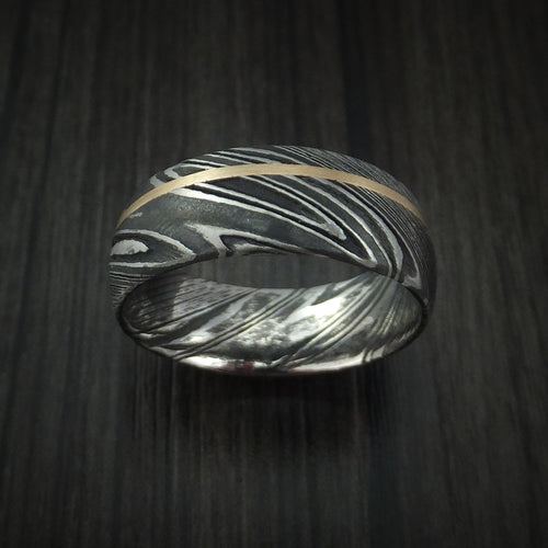 Voyager X - Woodgrain Kuro Damascus Steel Men's Ring and 14k Yellow Gold Wedding Ring Genuine Craftsmanship - view 2 - Nura Lab