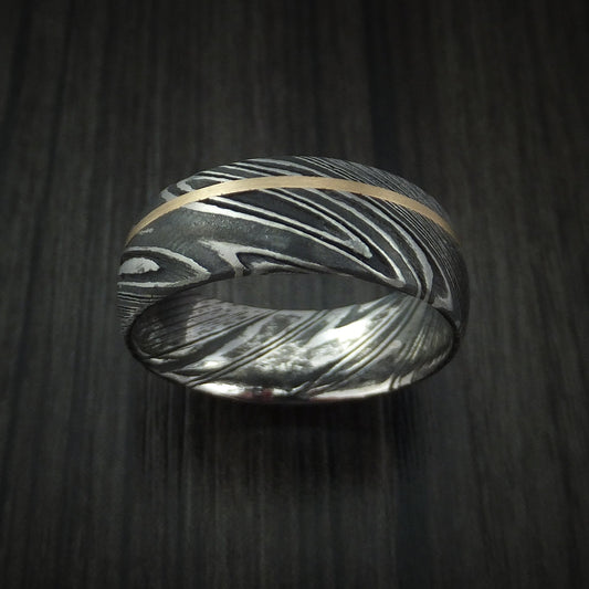 Voyager X - Woodgrain Kuro Damascus Steel Men's Ring and 14k Yellow Gold Wedding Ring Genuine Craftsmanship - view 2 - Nura Lab