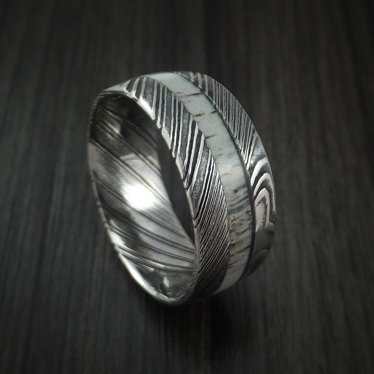 Cedar IX - Woodgrain Kuro Damascus Steel and Antler Men's Wedding Ring Band - Nura Lab