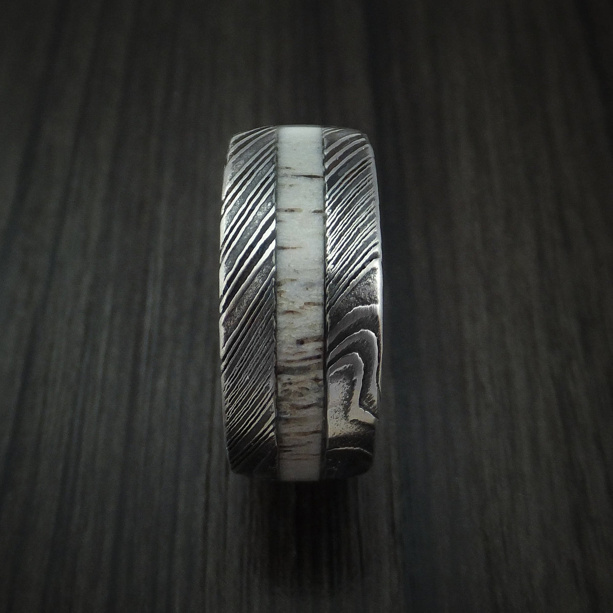 Cedar IX - Woodgrain Kuro Damascus Steel and Antler Men's Wedding Ring Band - view 3 - Nura Lab
