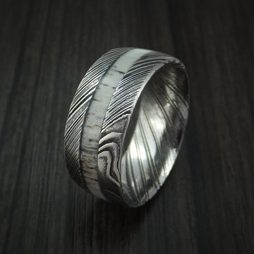 Cedar IX - Woodgrain Kuro Damascus Steel and Antler Men's Wedding Ring Band - view 4 - Nura Lab