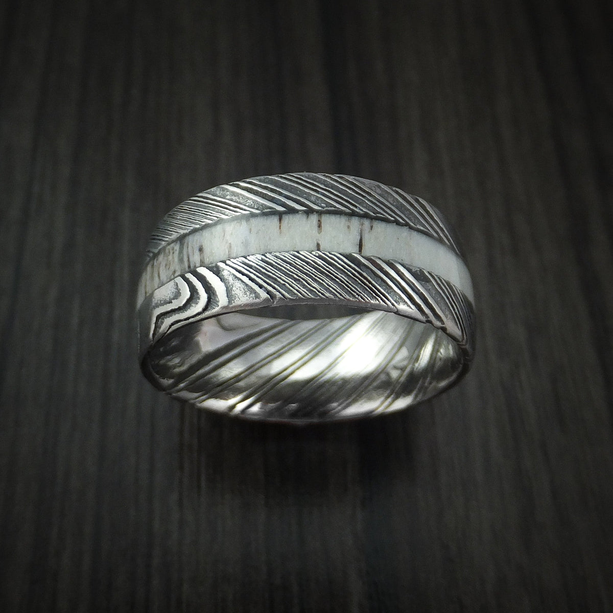 Cedar IX - Woodgrain Kuro Damascus Steel and Antler Men's Wedding Ring Band - view 2 - Nura Lab