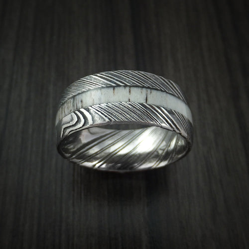 Cedar IX - Woodgrain Kuro Damascus Steel and Antler Men's Wedding Ring Band - view 2 - Nura Lab