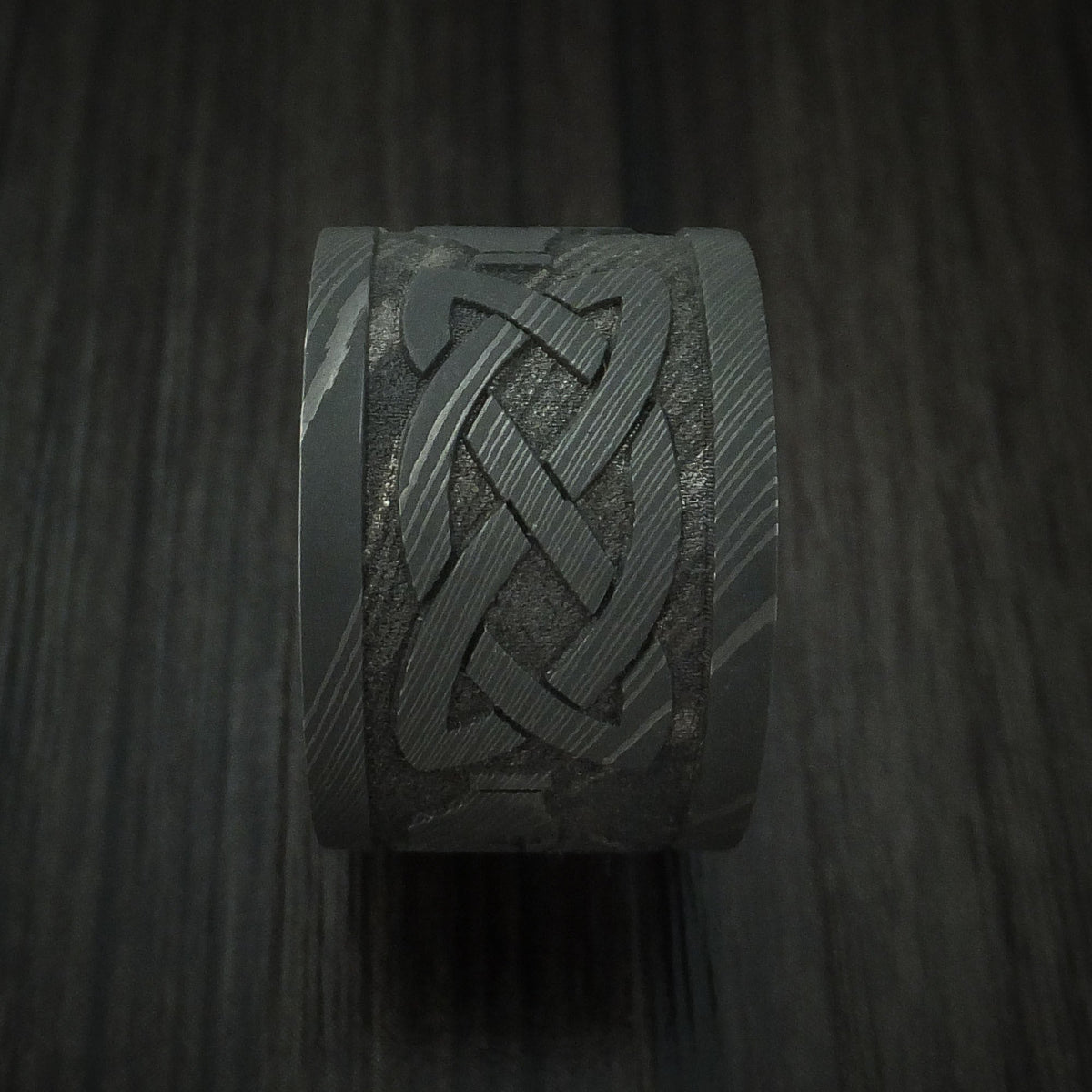 Valorant X - Wide Damascus Steel Celtic Irish Claddagh Men's Wedding Ring Hands Clasping Heart Band Carved - view 3 - Nura Lab