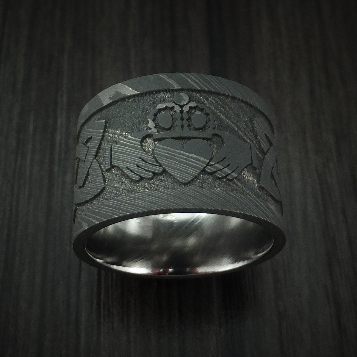 Valorant X - Wide Damascus Steel Celtic Irish Claddagh Men's Wedding Ring Hands Clasping Heart Band Carved - view 2 - Nura Lab