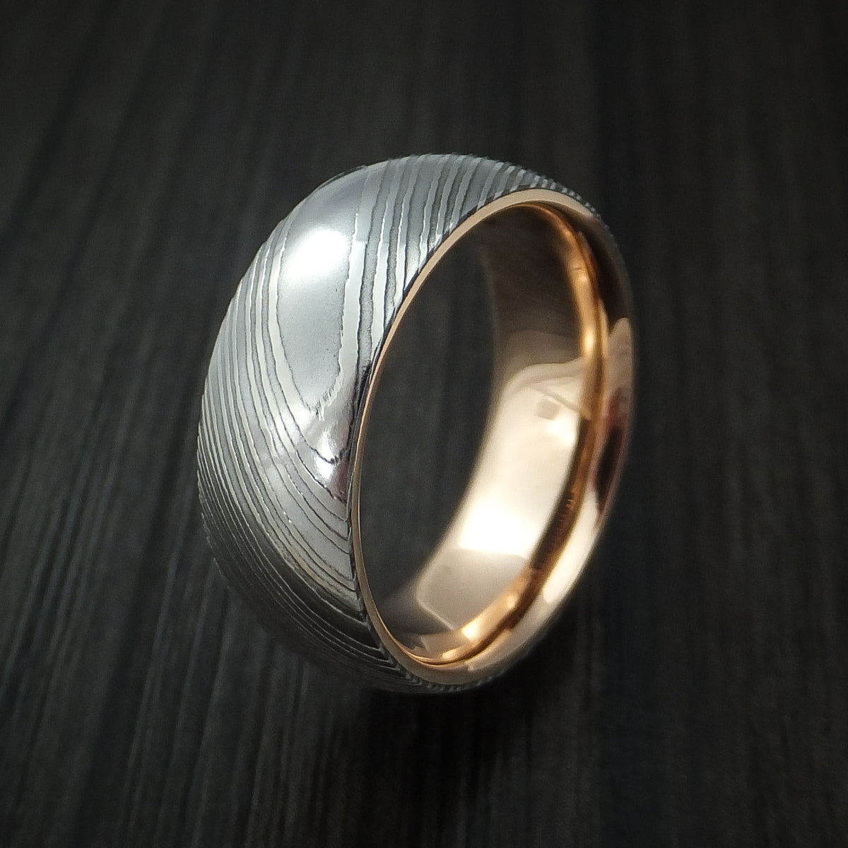 Noble X - Damascus Steel Men's Wedding Ring with 18k Rose Gold Sleeve Band - view 4 - Nura Lab