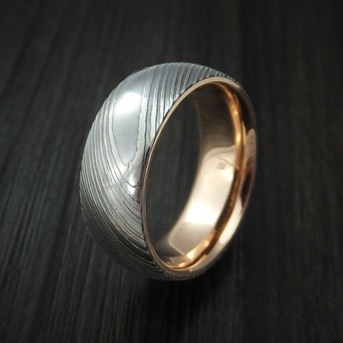 Noble X - Damascus Steel Men's Wedding Ring with 18k Rose Gold Sleeve Band - view 4 - Nura Lab