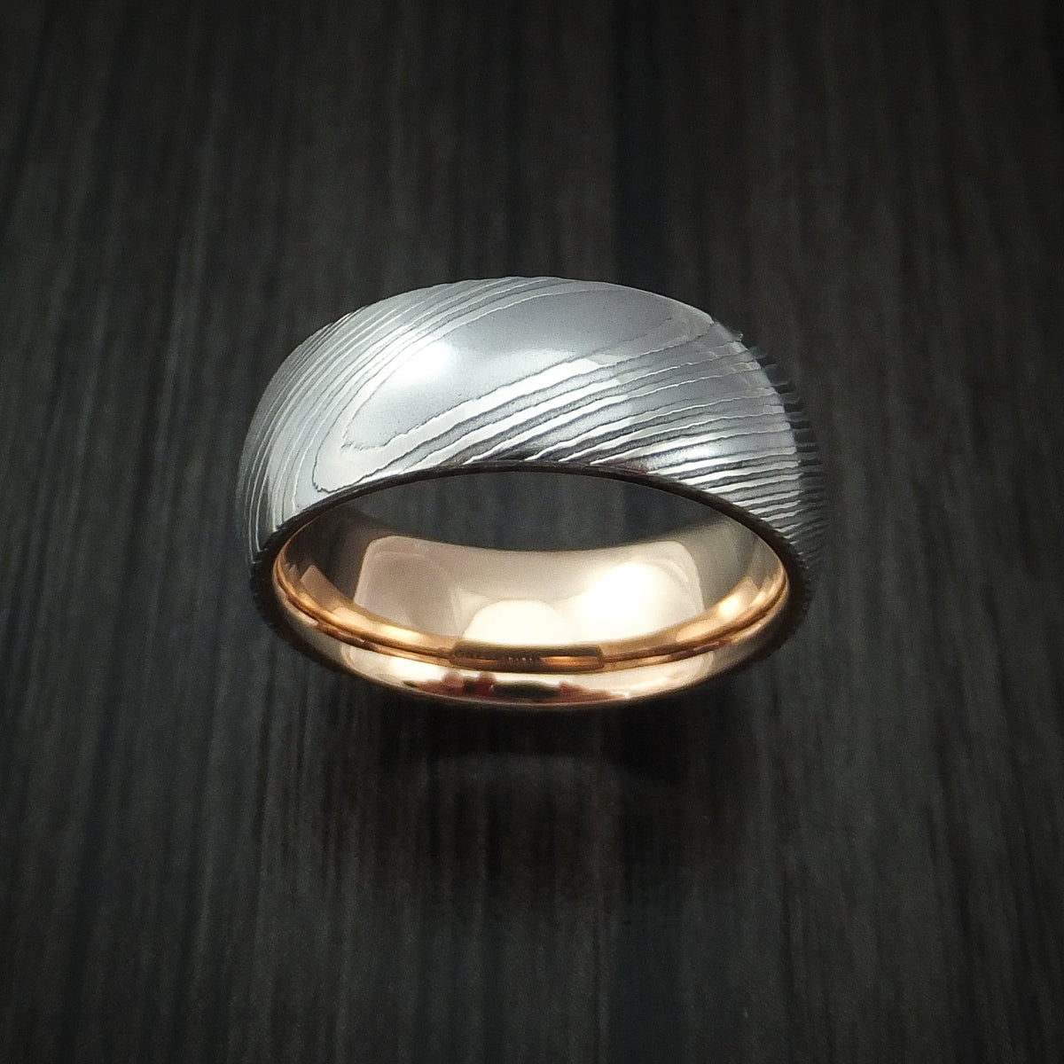 Noble X - Damascus Steel Men's Wedding Ring with 18k Rose Gold Sleeve Band - view 2 - Nura Lab