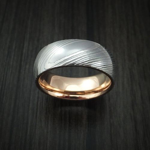 Noble X - Damascus Steel Men's Wedding Ring with 18k Rose Gold Sleeve Band - view 2 - Nura Lab