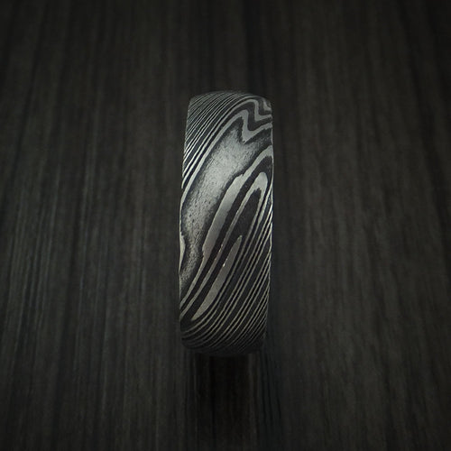 Glacier X - Woodgrain Kuro Damascus Steel Men's Wedding Ring with Zebra Wood Hardwood Sleeve Wood Band - view 3 - Nura Lab