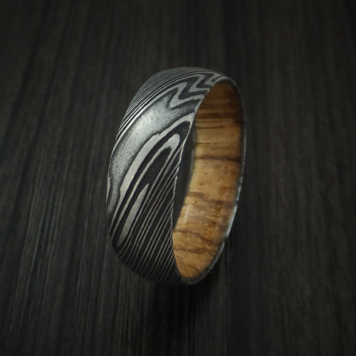 Glacier X - Woodgrain Kuro Damascus Steel Men's Wedding Ring with Zebra Wood Hardwood Sleeve Wood Band - view 4 - Nura Lab