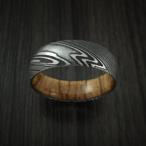 Glacier X - Woodgrain Kuro Damascus Steel Men's Wedding Ring with Zebra Wood Hardwood Sleeve Wood Band - view 2 - Nura Lab