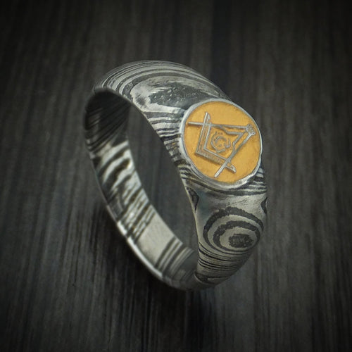 Cedar XI - Woodgrain Kuro Damascus Steel Masonic Emblem Signet Men's Wedding Ring with Cerakote Band - Nura Lab
