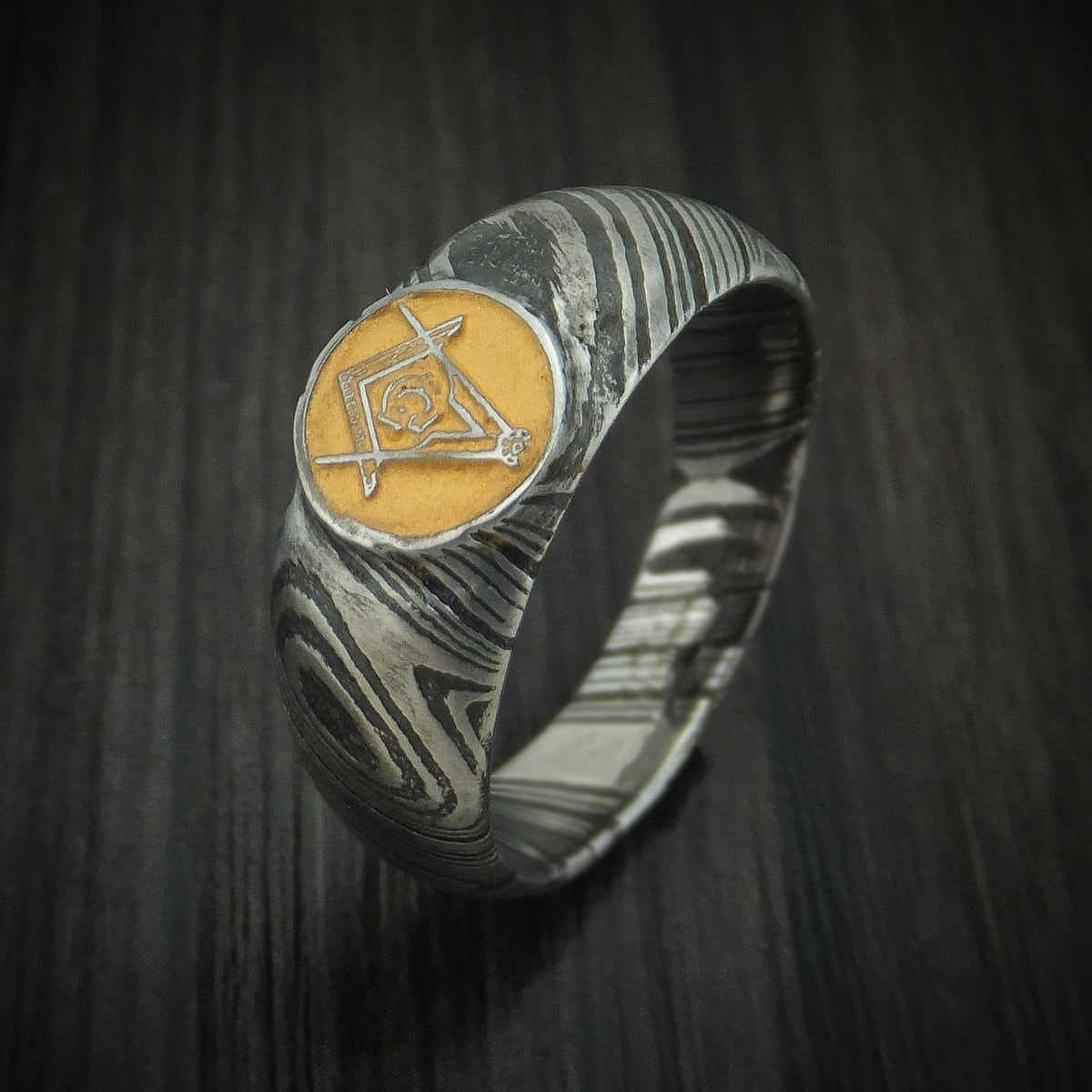 Cedar XI - Woodgrain Kuro Damascus Steel Masonic Emblem Signet Men's Wedding Ring with Cerakote Band - view 4 - Nura Lab