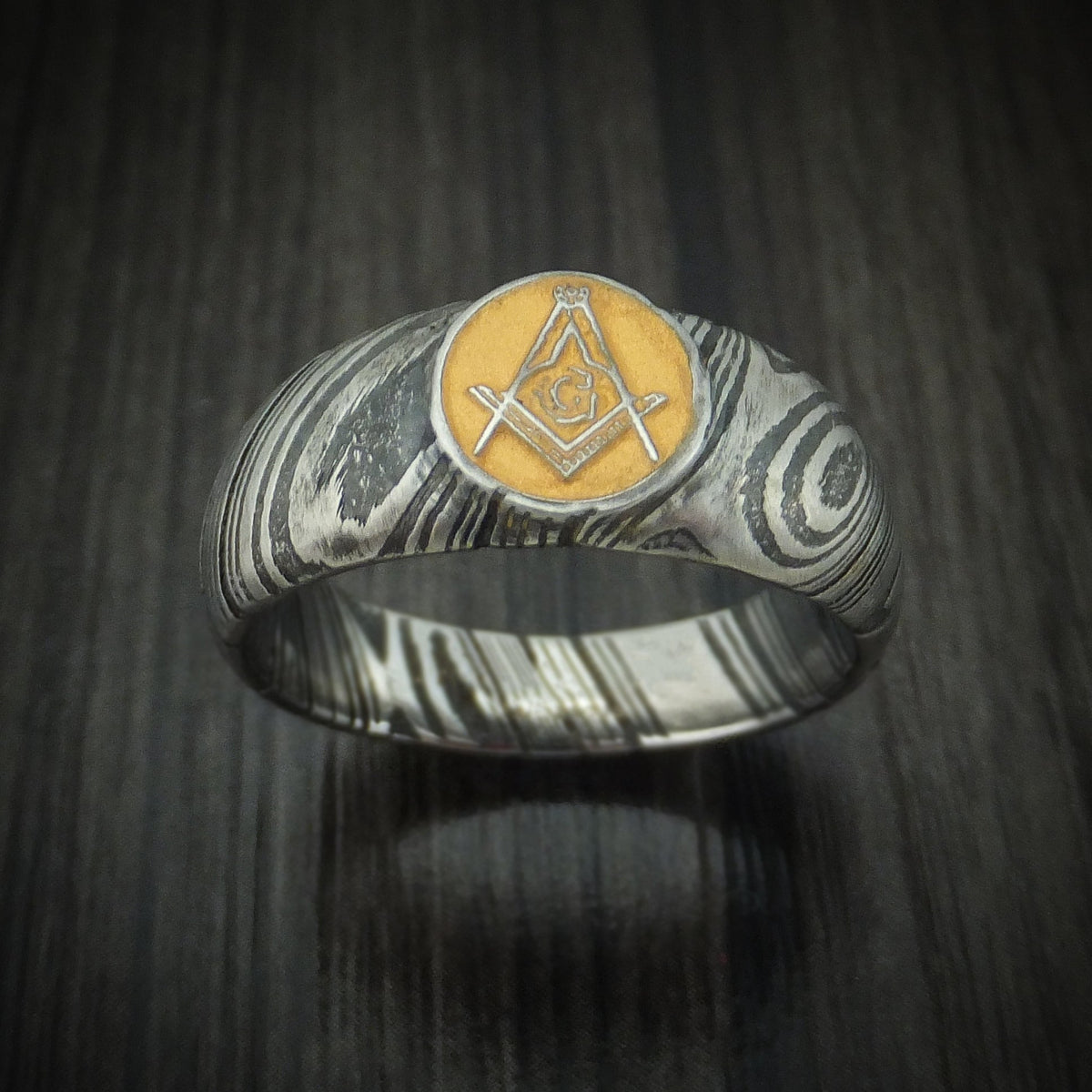 Cedar XI - Woodgrain Kuro Damascus Steel Masonic Emblem Signet Men's Wedding Ring with Cerakote Band - view 2 - Nura Lab