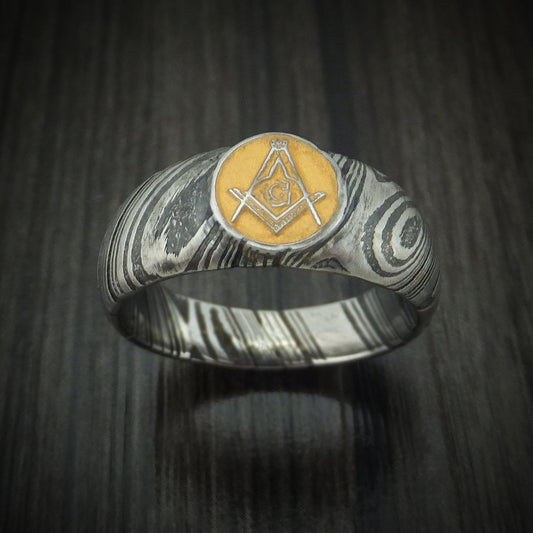 Cedar XI - Woodgrain Kuro Damascus Steel Masonic Emblem Signet Men's Wedding Ring with Cerakote Band - view 2 - Nura Lab