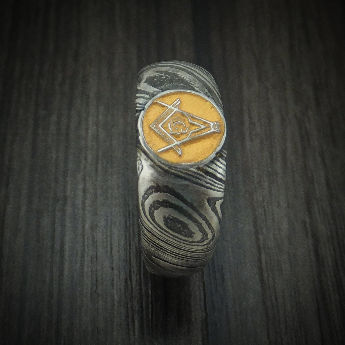 Cedar XI - Woodgrain Kuro Damascus Steel Masonic Emblem Signet Men's Wedding Ring with Cerakote Band - view 3 - Nura Lab