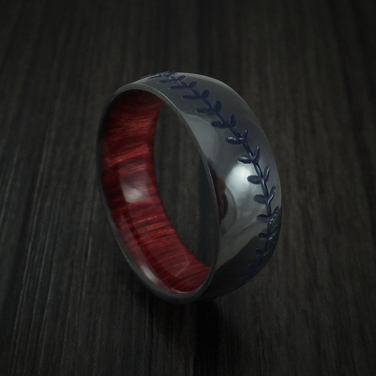 Dynasty XII - Black Zirconium Baseball Stitch Men's Wedding Ring with Custom Color and Hardwood Sleeve - view 5 - Nura Lab