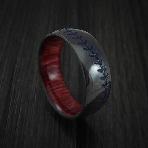 Dynasty XII - Black Zirconium Baseball Stitch Men's Wedding Ring with Custom Color and Hardwood Sleeve - view 5 - Nura Lab