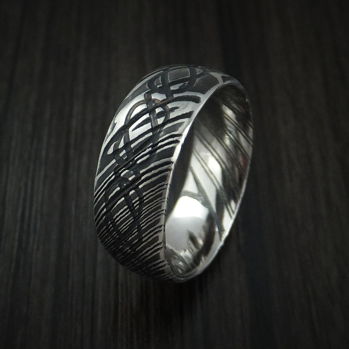 Crest IX - Woodgrain Kuro Damascus Steel Celtic Knot Men's Ring Infinity Design Wedding Ring - view 4 - Nura Lab
