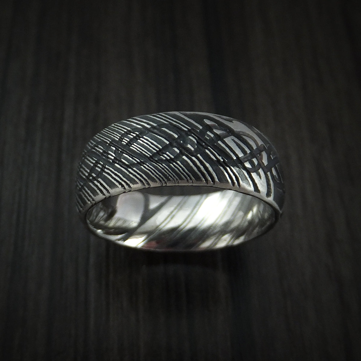 Crest IX - Woodgrain Kuro Damascus Steel Celtic Knot Men's Ring Infinity Design Wedding Ring - view 2 - Nura Lab