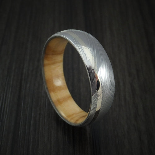 Bastion IX - Damascus Steel Men's Wedding Ring with 14k White Gold Inlay and Olive Wood Hardwood Interior Sleeve Band - Nura Lab