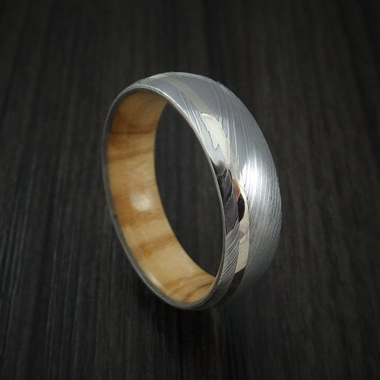Bastion IX - Damascus Steel Men's Wedding Ring with 14k White Gold Inlay and Olive Wood Hardwood Interior Sleeve Band - Nura Lab