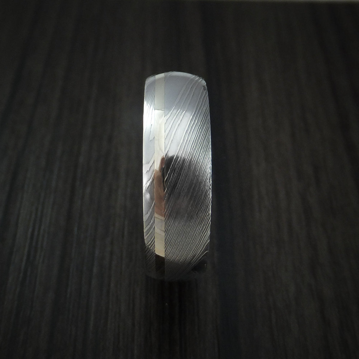 Bastion IX - Damascus Steel Men's Wedding Ring with 14k White Gold Inlay and Olive Wood Hardwood Interior Sleeve Band - view 3 - Nura Lab