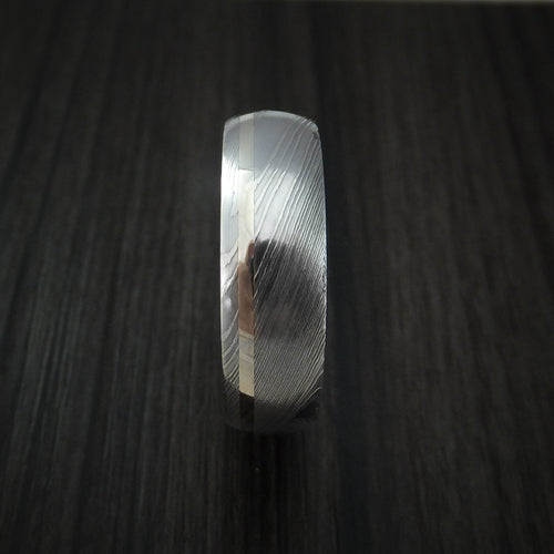 Bastion IX - Damascus Steel Men's Wedding Ring with 14k White Gold Inlay and Olive Wood Hardwood Interior Sleeve Band - view 3 - Nura Lab