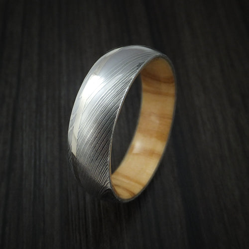 Bastion IX - Damascus Steel Men's Wedding Ring with 14k White Gold Inlay and Olive Wood Hardwood Interior Sleeve Band - view 4 - Nura Lab