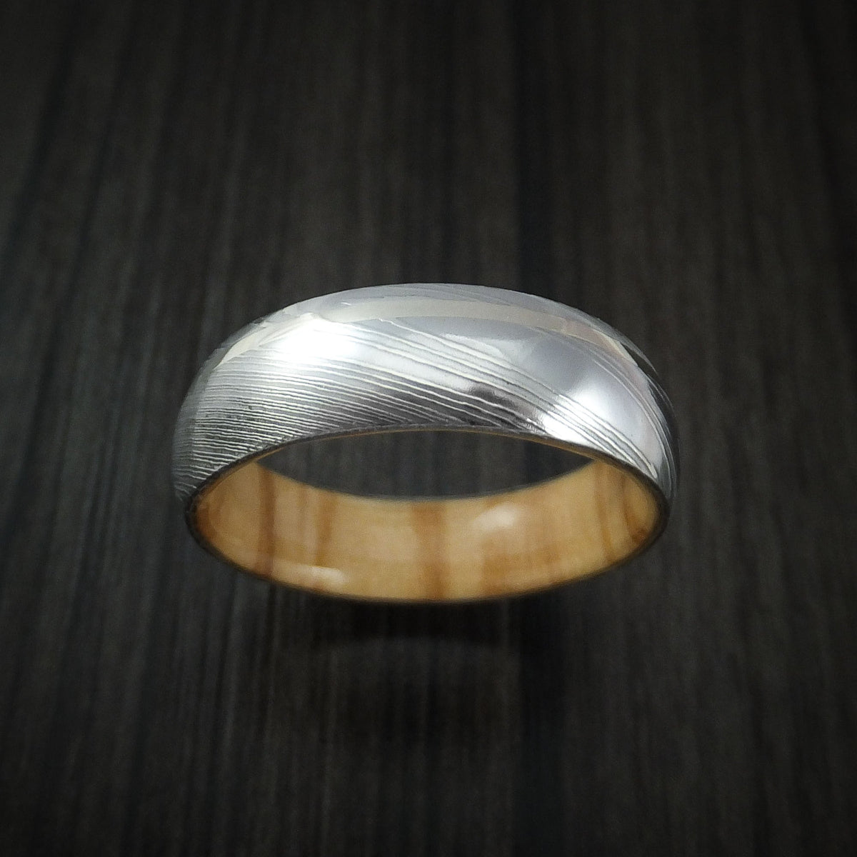 Bastion IX - Damascus Steel Men's Wedding Ring with 14k White Gold Inlay and Olive Wood Hardwood Interior Sleeve Band - view 2 - Nura Lab