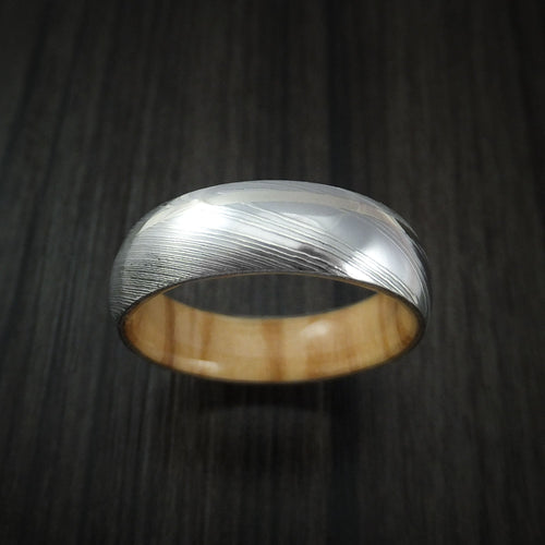 Bastion IX - Damascus Steel Men's Wedding Ring with 14k White Gold Inlay and Olive Wood Hardwood Interior Sleeve Band - view 2 - Nura Lab