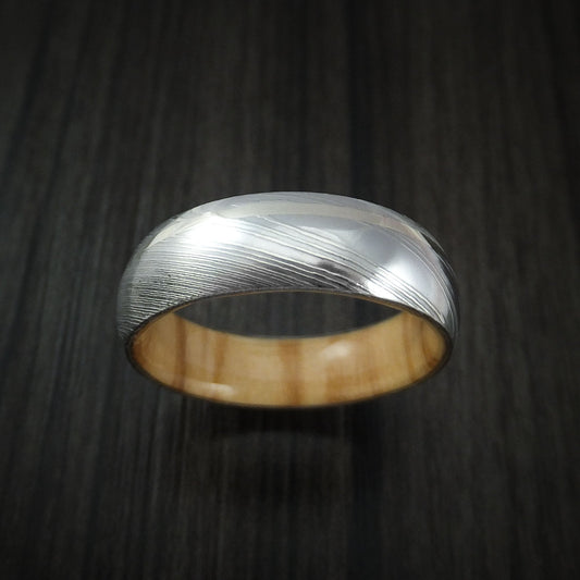Bastion IX - Damascus Steel Men's Wedding Ring with 14k White Gold Inlay and Olive Wood Hardwood Interior Sleeve Band - view 2 - Nura Lab
