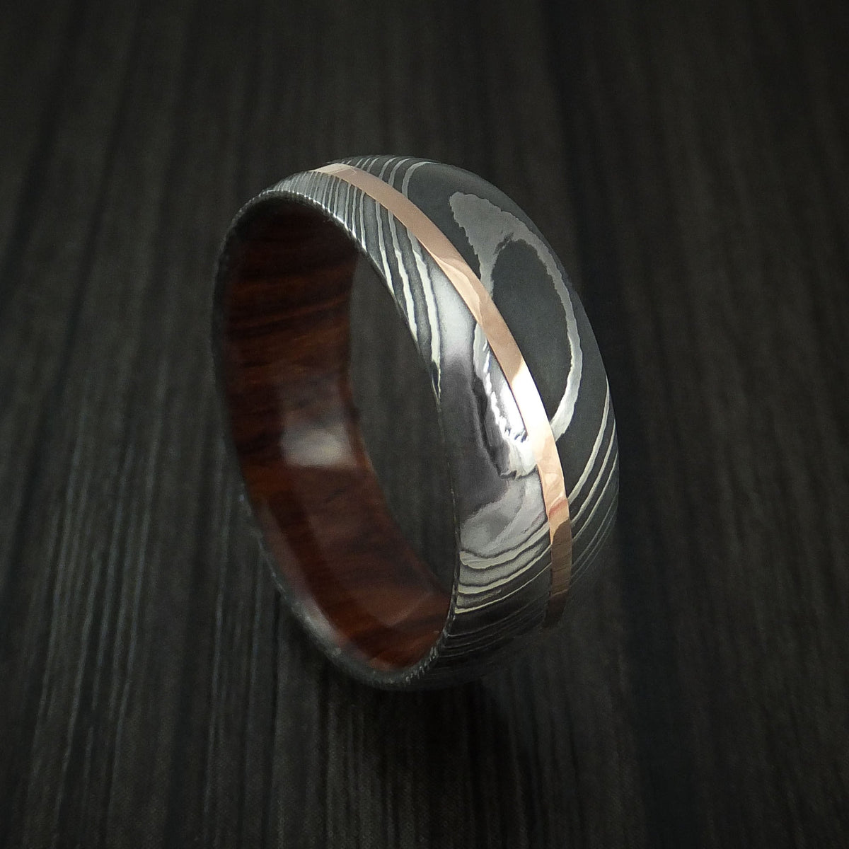 Overlander X - Damascus Steel Diagonal 14K Rose Gold Men's Ring with Hardwood Sleeve Wedding Ring - Nura Lab