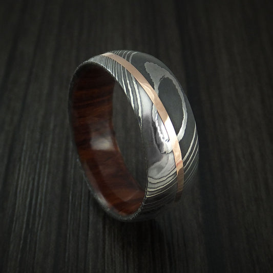 Overlander X - Damascus Steel Diagonal 14K Rose Gold Men's Ring with Hardwood Sleeve Wedding Ring - Nura Lab